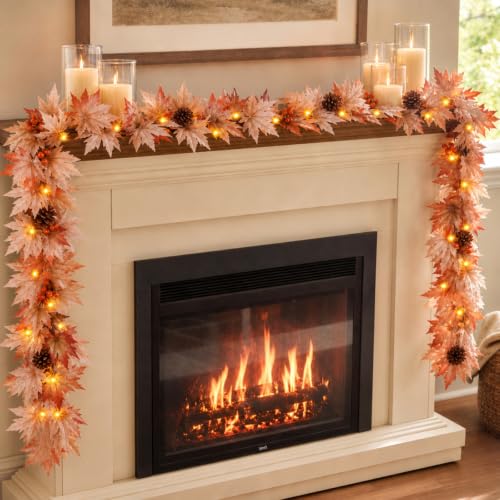 9FT Fall Garland with Lights - Large Maple Leaves Berries Pinecones 1 Pack