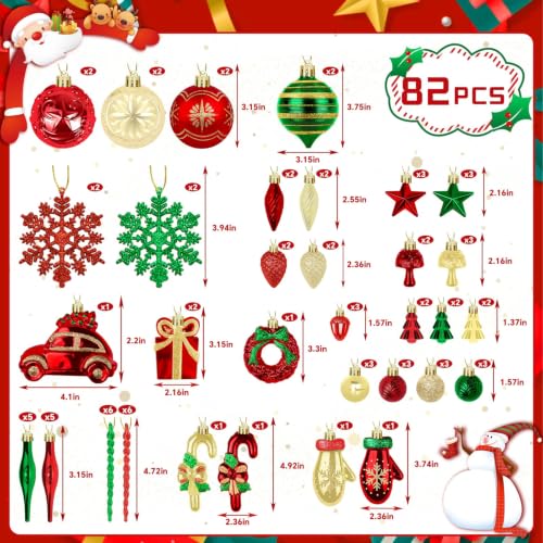 82PCS Christmas Ornaments Set - Green, Red & Gold Holiday Decorations with Variation Red & Gold & Green