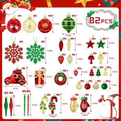 82PCS Christmas Ornaments Set - Green, Red & Gold Holiday Decorations with Variation Red & Gold & Green