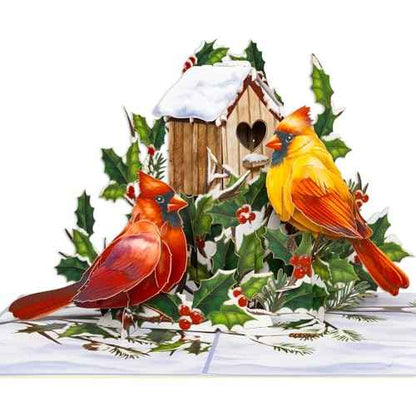 Two Cardinals Pop Up Card, Merry Christmas, Birdhouse, Winterberry Branch, Snow, 3D Greeting Card, Ideal Gift for Xmas Season, Table Decorations, 5x7 - Includes Envelope And Message Note