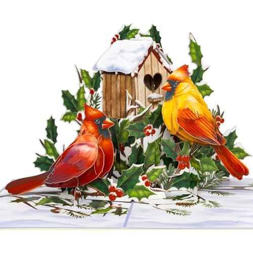Two Cardinals Pop Up Card, Merry Christmas, Birdhouse, Winterberry Branch, Snow, 3D Greeting Card, Ideal Gift for Xmas Season, Table Decorations, 5x7 - Includes Envelope And Message Note
