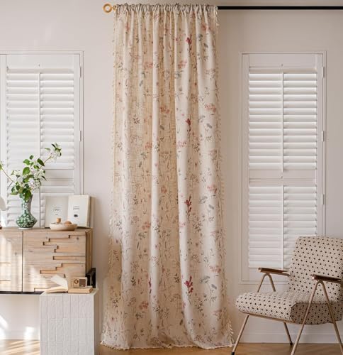 Beige Linen Farmhouse Floral Curtains Set - 2 Panels, 52x84 Inches, Boho Decor