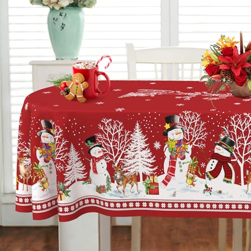 Yighty Oval Christmas Tablecloth 60 x 84In Red Snowman Santa Elk Holiday Decor