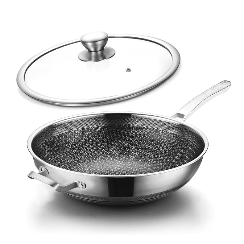 Toutrop Wok Pan,Hybrid Nonstick 12 Inch Wok with Lid,Induction Non Stick Stainless Steel Large Deep Woks&Stir-Fry Pans,Frying Pan,Stay-Cool Handle Skillets,PFOA Free,12 Inch Wok