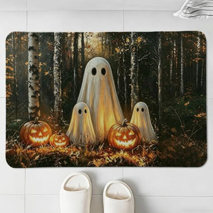 Rustic Halloween Bathroom Mat - Vintage Forest Ghost with Jungle Ghost Variation
