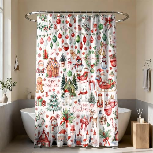 Christmas Shower Curtain Set with Hooks - 72 x 84 Inch Water-Resistant Polyester