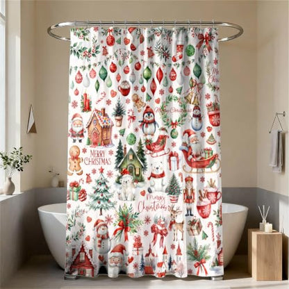 Christmas Shower Curtain Set with Hooks - 72 x 84 Inch Water-Resistant Polyester