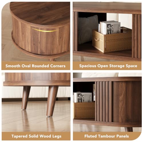 47.2 Inch Oval Fluted Coffee Table with Storage - Walnut, Modern Mid-Century