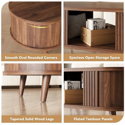 47.2 Inch Oval Fluted Coffee Table with Storage - Walnut, Modern Mid-Century