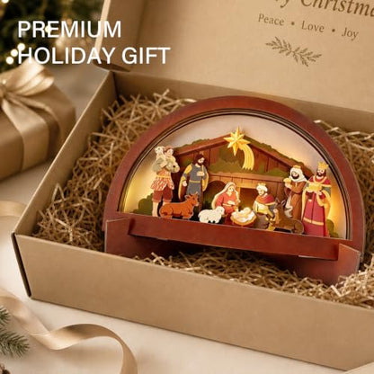 Wooden Nativity Scene with LED Light, Christmas Decoration for Home & Church