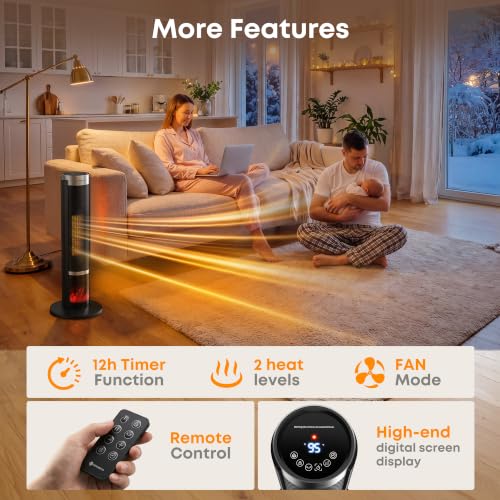 Black Portable Tower Space Heater 1500W with Thermostat & Remote - 23.5in