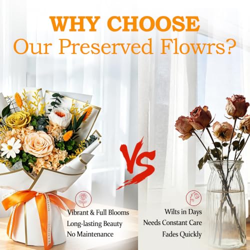 Orange Preserved Rose Flower Bouquet with Shatterproof Vase - Romantic Forever Gift for Anniversary & Valentine’s Day