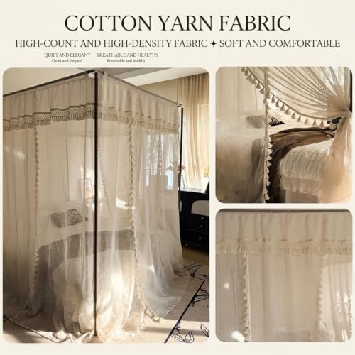 Canopy Bed Curtains with Bohemian Tassel Pendant Cotton Yarn - Beige / 1.5x2M