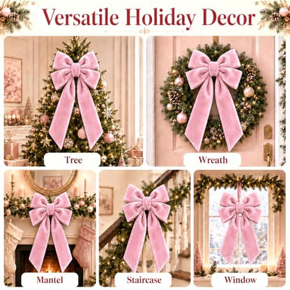 Pink Velvet Christmas Tree Topper Bow 15x30 Inches Holiday Decoration