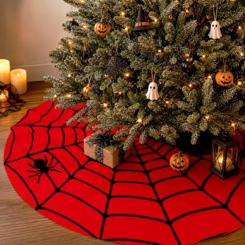 36-Inch Halloween Spider Web Tree Skirt with Red & Black Web Design - Gothic Holiday Decoration