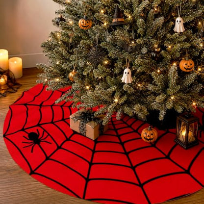 36-Inch Halloween Spider Web Tree Skirt with Red & Black Web Design - Gothic Holiday Decoration