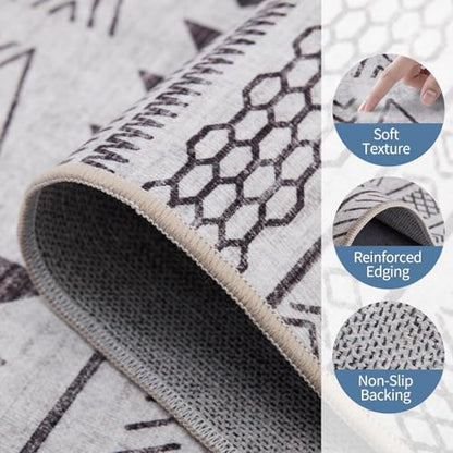 3x5 Washable Area Rug with Non-Slip Backing - Geometric Pattern, Low Pile