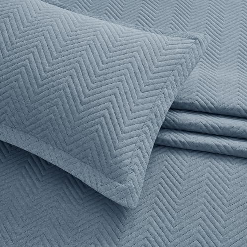 Twin Quilt Set with Wave Pattern - Washed Blue Bedspread 2 Pack - Linen Embossed Design