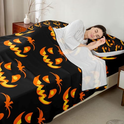 Kids Halloween Bed Sheets Set Full Size Trick or Treat Bedding with Deep Pockets - Black Yellow Orange