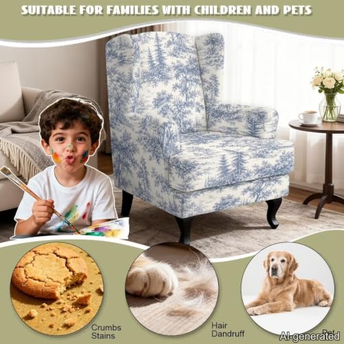 Blue Toile De Jouy Wingback Chair Slipcover Set - Stretch Washable Armchair Protector