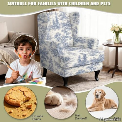 Blue Toile De Jouy Wingback Chair Slipcover Set - Stretch Washable Armchair Protector