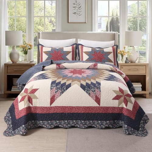 VCTOPS Vintage Star Patchwork Cotton Bedspread Quilt Set Navy Queen Variation