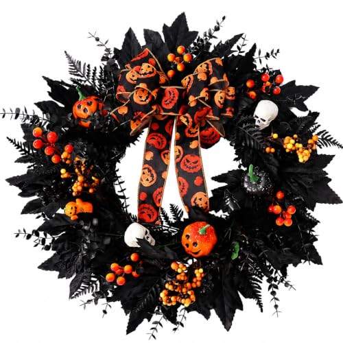 24-In Halloween Wreath for Front Door Black Skeleton Spider Web Decor