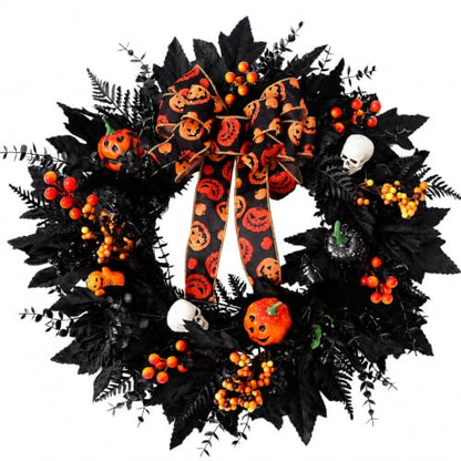 24-In Halloween Wreath for Front Door Black Skeleton Spider Web Decor