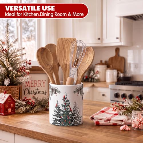 Christmas Utensil Holder with Cardinal Birds and Pine Tree Design - Rustic Ceramic Kitchen Organizer - Variation of Christmas Tree