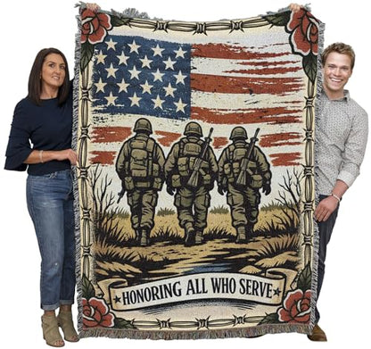All Who Served Tattoo Blanket - Military Gift Woven Cotton Throw 72x54 with Variation