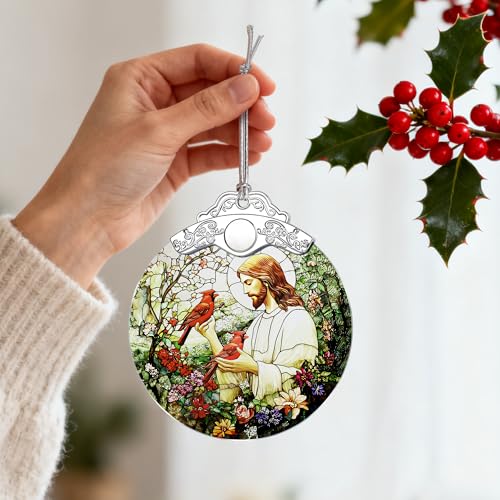 Jesus with Cardinals Religious Christmas Ornament - Christian Holiday Decor - Jesus Pattern D