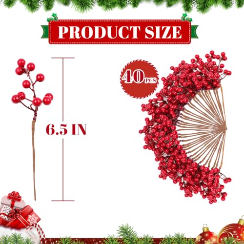 Artificial Red Berry Stems for Christmas Decorations, 6.5 Inch Holiday Wreaths & Arrangements - 40 Pack