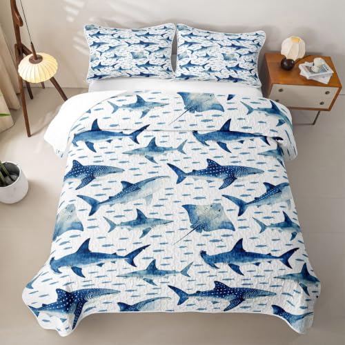 Twin Size Blue Shark and Stingray Quilt Set - Ocean Animal Bedspread for Kids, Blue & White