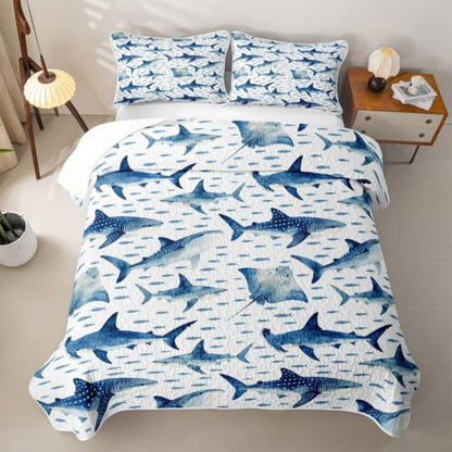 Twin Size Blue Shark and Stingray Quilt Set - Ocean Animal Bedspread for Kids, Blue & White