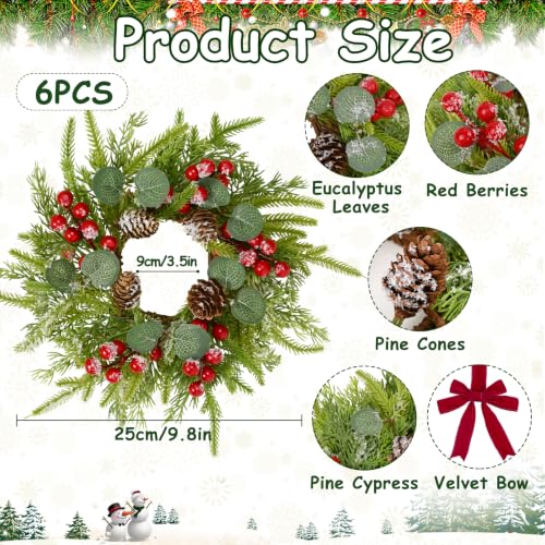 Green 6 Pcs Small Christmas Wreaths for Cabinets with Red Ribbon & Berries