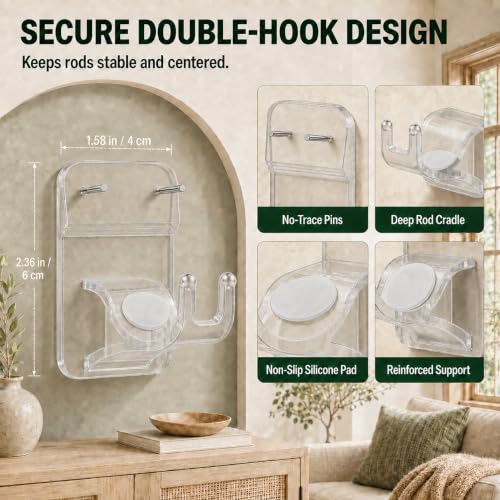 Transparent No Drill Curtain Rod Brackets - 8 Pack Self-Adhesive & Nailing Support