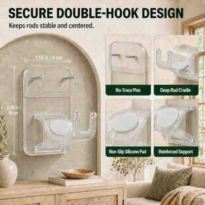 Transparent No Drill Curtain Rod Brackets - 8 Pack Self-Adhesive & Nailing Support