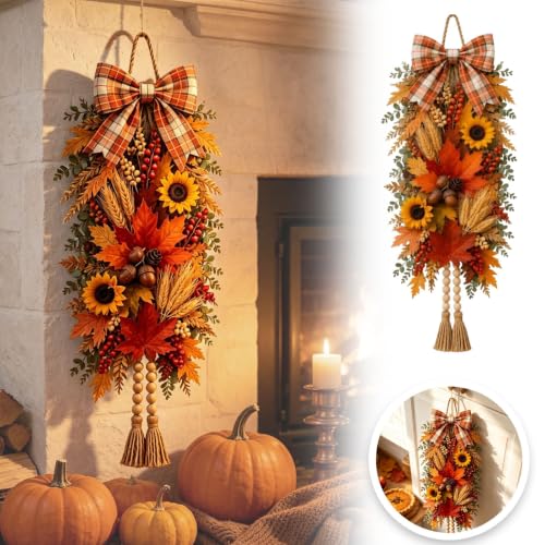 Rustic Wooden Fall Door Swag with Sunflowers, Maple Leaves & Acorns
