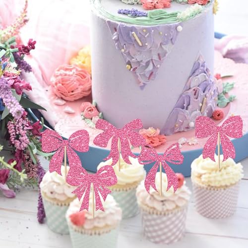 Pink Christmas Bowknot Cupcake Toppers 24 Pack - Holiday Party Decorations
