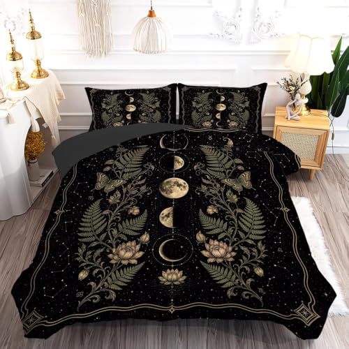 Moon Phase Queen Comforter Set - Celestial Bedding with Botanical Design - Variation Moon 01