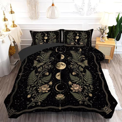 Moon Phase Queen Comforter Set - Celestial Bedding with Botanical Design - Variation Moon 01