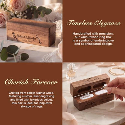 Personalized Wedding Ring Box - Engraved Wooden 2 Slot Ring Holder - Slim Rectangle