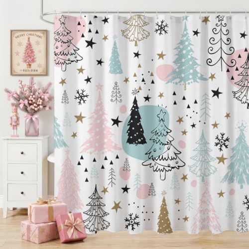 Pastel Christmas Tree Shower Curtain 72x72 Inch Pink Snowflakes Bathroom Decor