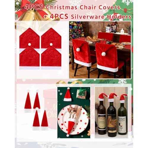 Christmas Chair Cover, Santa Hat Chair Covers with 4Pcs Silverware Holders Santa Chair Back Cover for Christmas Dinner Table Holiday Party Decoration