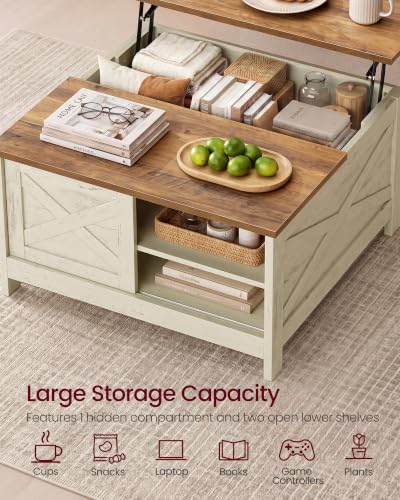 Farmhouse Coffee Table with Storage & Lift Top - Rustic White + Honey Brown, 31.5 Inch
