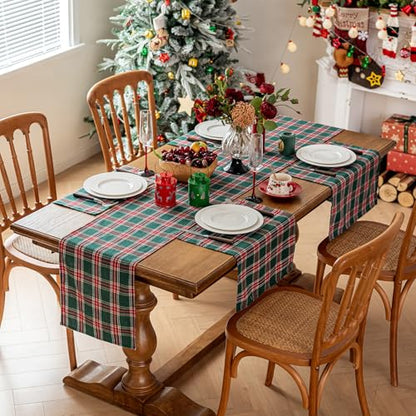 Joyfol Day Green Tartan Christmas Table Runner 13x72 Inch - Stain Resistant & Washable Holiday Decor