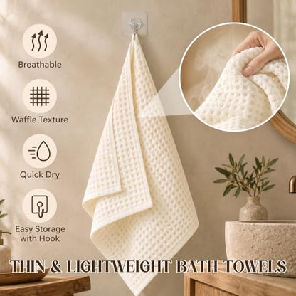 Cream Waffle Cotton Bath Towels 2 Pack, 27x55 Inches - Absorbent & Soft