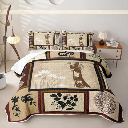 Queen Lotus Quilt Set with Brown White Variation - Soft All-Season Bedspread