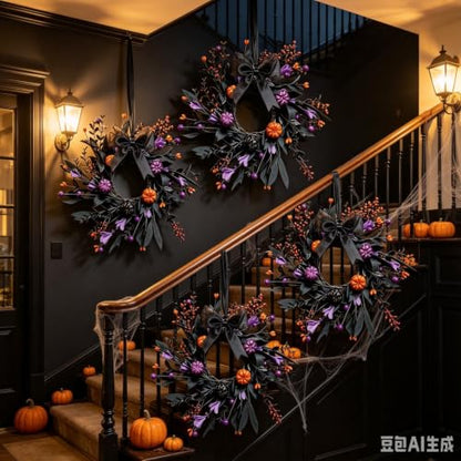 Halloween Hanging Wreaths with Black Foliage and Orange Pumpkins - 4 Pieces, Gothic Decor