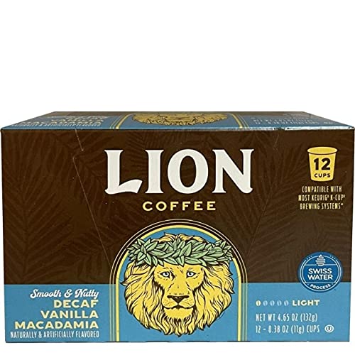 Lion Coffee Swiss Water DECAF, Vanilla Macadamia Flavored Medium Roast Coffee, Single-Serve Coffee Pods, Compatible with Keurig® Brewers, Hawaiian Inspired Taste - (12 Count Box)